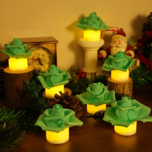Image of SupBri 12 Pack LED Tea Lights Candles with Artificial Rose Petals, Flameless Battery Operated Candles,Romantic Decorations Special Night Set for Valentines,Wedding Decor (Green, 12 Pack)