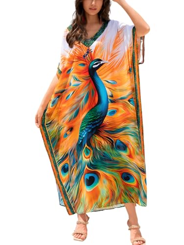 Image of KECVOT Kaftan Dresses for Women V-Neck Print Swimsuit Cover Up Plus Size Beach Caftan Lounge Dress