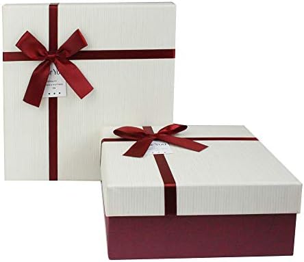 Emartbuy Rigid Gift Box, 23.5 x 23.5 x 10 cm, Textured Burgundy Box with Black Lid, Brown Interior and Striped Decorative Ribbon