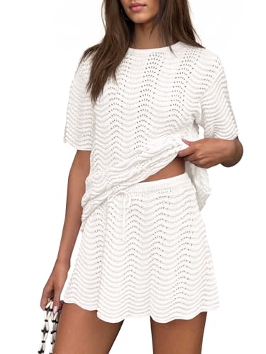 Fisoew Womens Crochet Swimsuit Coverup 2 Piece Skirt Sets Bathing Suit Cover Up Knit Beach Vacation Clothes Summer Outfits White
