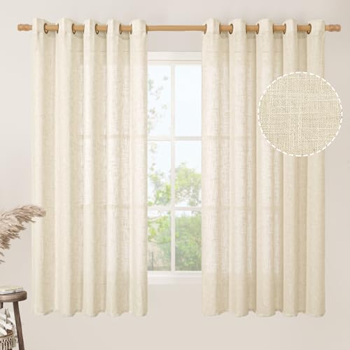 Image of LAMIT Linen Curtains 63 inch Long for Living Room, Linen Light Filtering Boho Semi Sheer Window Textured Modern Drapes with Bronze Grommet for Bedroom, 2 Panels Set, 60 x 63 Inch, Beige