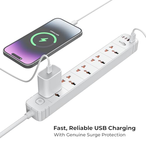 Image of OTEK VoltSafe 522 Extension Board with 5 Universal Sockets 2 USB & 2 Type-C Ports 2M Cord 2500W 10A Surge Protector Power Strip Charging Station with Safety Shutter for Home Office White