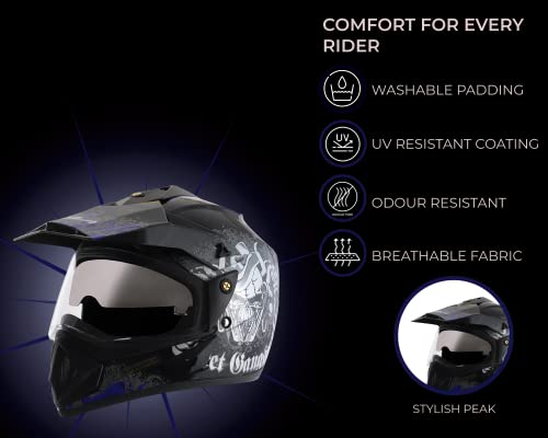 Vega Off Road Gangster ISI Certified Gloss Finish Full Face Dual Visor with Peak Helmet for Men and Women Outer Clear Visor and Inner Smoke Sun Visor(Black Blue, Size:L)