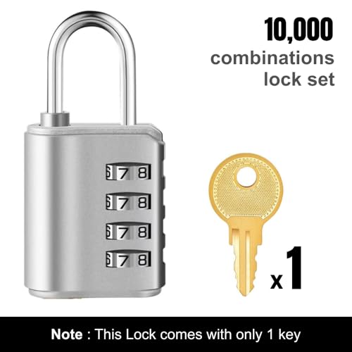 Image of 4-Digit Combination Padlock with Backup Key | Heavy Duty Black Metal Security Lock | Resettable Code for Gym Locker, School, Travel, Gate & Storage Use (Silver)