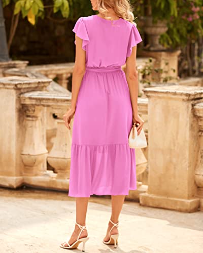 Image of BTFBM Women Summer Bohemian Floral Casual Wrap V Neck Ruffle Cap Sleeveless Belt A-Line Pleated Hem Midi Sun Dress White