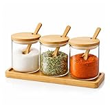 Porta Temperos Kit com 3 Potes de Vidro 400ml com Colher e Bandeja de Bambu Organizador de Cozinha Porta Condimentos para Açucar Sal e Especiarias Pratico e Funcional Design Premium