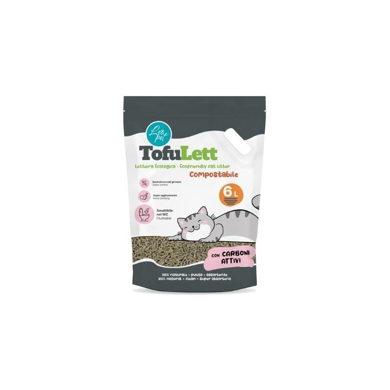 Leopet Tofulett - Arena de tofu para gatos, aglomerante de pellets de carbón activo, 6 l