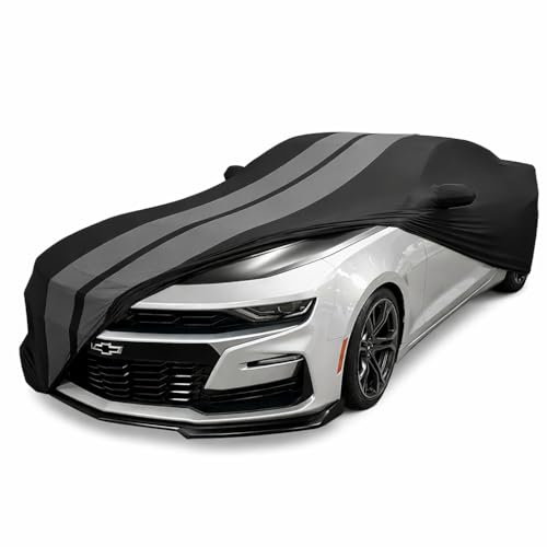 Image of SR1 Performance USA Indoor Car Cover for Chevy Camaro 2010-2024 - Ultraguard Stretch Satin Custom Fit, Dust Cover, Breathable Scratch-Resistant Sport Series Stripe (Black /Gray)