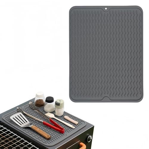 Geban Silicone Grill Mat for Blackstone, Silicone Side Shelf Tool Mat, Outdoor BBQ Spatula Mat with Drip Pad Kitchen Countertop Heat Resistant Mat (Grey)