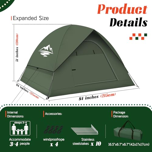 Purebox Tents for Camping 3-4 Person with Rainfly, Camping Tents Waterproof Windproof, Not Crowded for 2 Person Camping Tent, Outdoor Dome Tent Easy Setup, Backpacking Tent for Adventure Backyard QBT00062US の商品画像 7