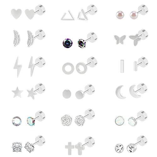 18 Pairs Stainless Steel Stud Earrings Set for Women Men Star Moon Leaf Zircon Pearl Studs 20g Flatback Earrings Hypoallergenic Tiny Cartilage Stud Earrings Flatback Earrings (Silver)