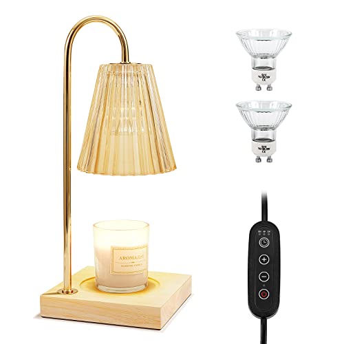 LOTKEY Candle Warmer Lamp, Dimmable Candle Warmer with Timer 2 Bulbs Wood Base Electric Candle Lamp Compatible with Jar Candles Vintage Candle Melter Top Melting for Scented Wax (Amber) by LOTKEY - Used condition - US$19.80