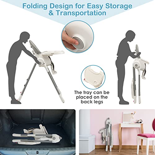 Image of INFANS High Chair for Babies and Toddlers, Foldable Highchair with 7 Different Heights 4 Reclining Backrest Seat 3 Setting Footrest, Removable Tray Built-in Rear Wheels with Locks (Grey)