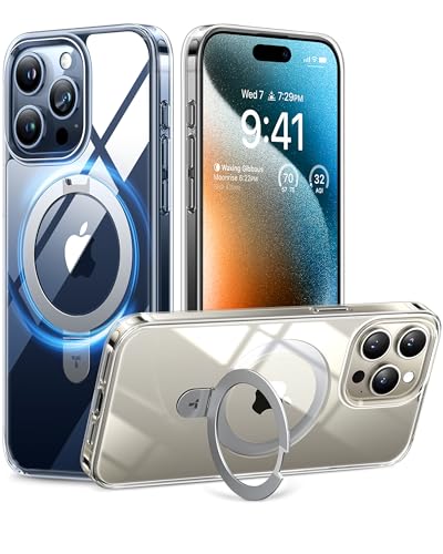 Image of TORRAS Magnetic Shockproof for iPhone 15 Pro Case with Built-in Stand [Compatible with MagSafe] [12FT Military Drop Protection] Sturdy Kickstand Slim Protective for 15 Pro Phone Case, Crystal Clear