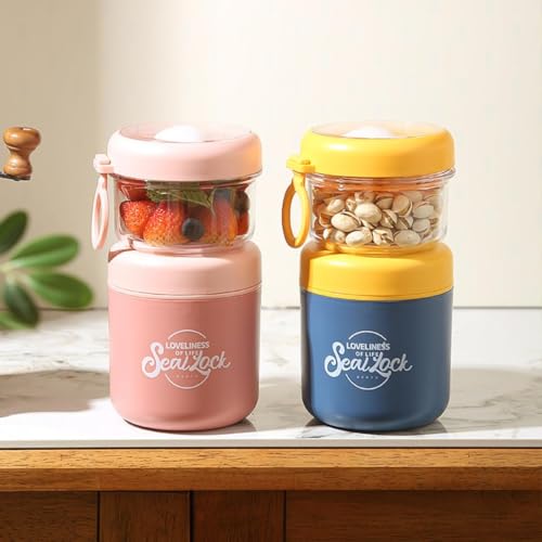 Image of 860ML Double Layer Lunch Container for Office & School, Insulated Food Jar with Snack Compartment, Leakproof Portable Bento Box, Round Lunch Box for Men Women Kids - Blue