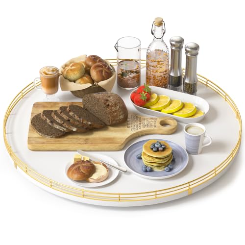 Image of Oroyutor 18-Inch Large Oak Lazy Susan Organizer, Gold and White | Oak wood base, smooth 360-degree rotation and gold-and-white design for dining tables, kitchen counters and spice storage.