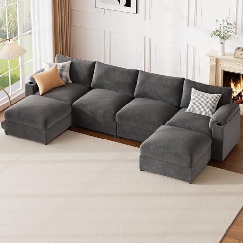 Image of Sectional Couches for Living Room FSC Certified Velvet Modular Couch Oversized Cloud U Shaped Convertible Sleeper Sofa Chaise Detachable Armrest Cushion (Velvet Grey, U Shape 6 Seat)