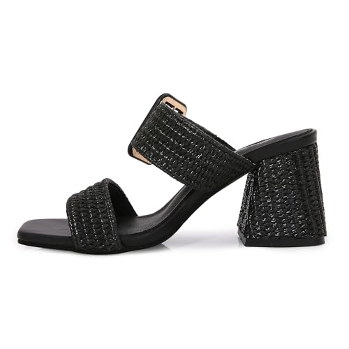 Image of Women's Raffia Slide Sandals Square Open Toe Heeled Sandals Two Strap Mules Slip On Block Chunky Heels Sandals for Women