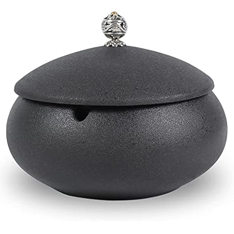 Ashtray Ceramic Ashtray Outdoor Ash Tray for Patio with Lid Windproof Ashtrays for Cigarettes Handmade Ceramic Ashtray Home Office Indoor Decoration (Black) Cover