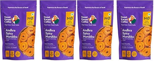 Image of SWEET KARAM COFFEE Andhra Spicy Murukku | No Palm Oil | No Preservatives | South Indian Chakli | Crispy & Fresh Tea-Time Namkeen | Festive Special Snack | Spicy Crunchy Treat | 95 G Pack of 4