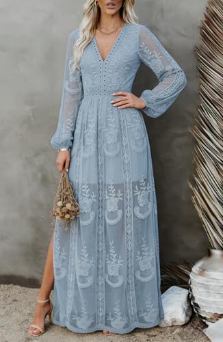 Image of LRISES Womens V Neck Floral Embroidered Lace Wedding Maxi Dress Boho Short Sleeve Slit Bridesmaid Evening Party Dresses
