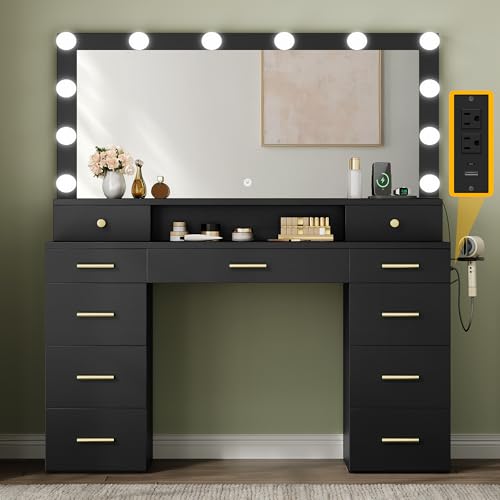 DWVO Vanity Desk Large Black USB & Type C 11 Drawers for Bedroom, Vanity Desk with Mirror and Lights