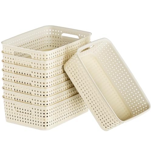 FUCDTEFC White Plastic Basket, 8 Pack Home Organization and Storage Baskets with Handles, Space Saving Woven Organizer Bins Plastic Storage Basket for Organizing Cabinets,Closets, Shelves, Countertops
