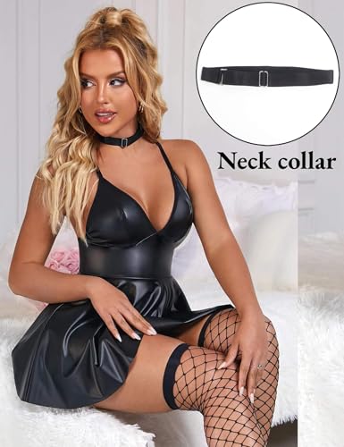 ohyeahlady Lederkleid Damen Große Größen Sexy Outfit für Damen Babydoll Dessous Kleid Curvy Elegant Leather Dress Rave Kurz Kleid Festival Partykleid Minikleid Clubwear Mollige Reizwäsche Schwarz,XXL