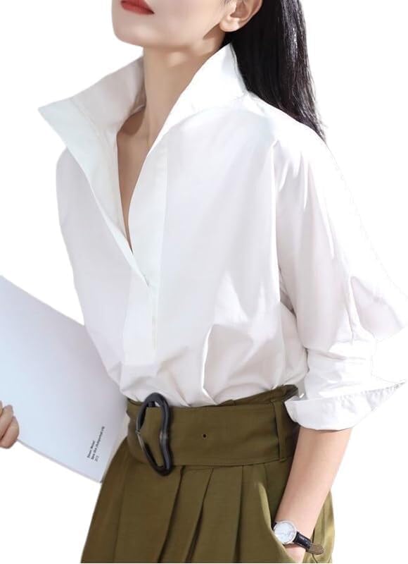 UOOZEE Women Button Shirts Office Drop Shoulder Oversized Blouse Roll up Half Sleeve Boyfriend Dress Shirt