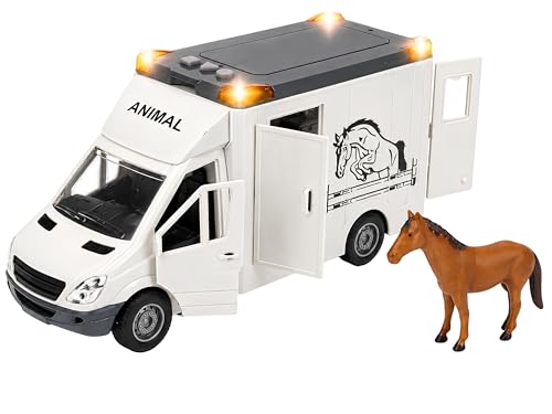 Maxi Camion pour Transport Animaux avec Cheval Lumières Sons Réels Mouvement Embrayage Portes Ouvrables Maxi Van Grande cm27 Transport Chevaux Véhicule...