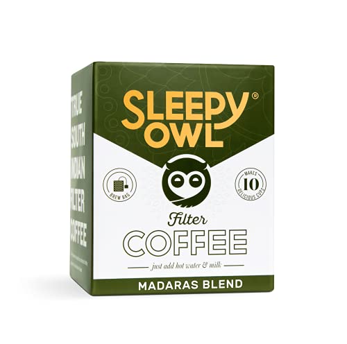 Image of Sleepy Owl Coffee Madras Blend Hot Brew Bags | Filter Coffee | Set of 10 Bags - Makes 10 Cups | Hot Brew Coffee |5 Minute Brew - No Equipment Required | Chicory & Robusta