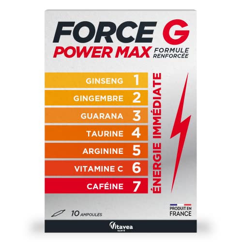 Vitavea - Force G Power Max Formule Renforcée - Booster Energie Immédiate 7 actifs - Ginseng, Gingembre, Guarana, Taurine, Arginine, Vitamine C, Caféine - 10 ampoules - 10 jours - Fabriqué en France