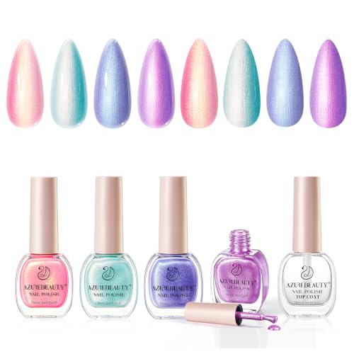 Image of AZUREBEAUTY Pearl Nail Polish Set 4 Colors Ombre Mermaid Shimmer | Pink Aqua Blue Purple Quick Dry Shell Glitter Effect, Dreamy Aurora Look, Women Gift Home Manicure DIY