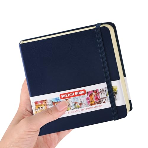 Image of 5x5 Pocket Sketch Book,80gsm Hardcover Art Sketchbook for Drawing Journal | PU Cover,Blank Paper,96Sheets /192Pages,Lay-Flat,Portable Travel Creation Paint Diary Memo Planner,Dry Media.Royal Blue