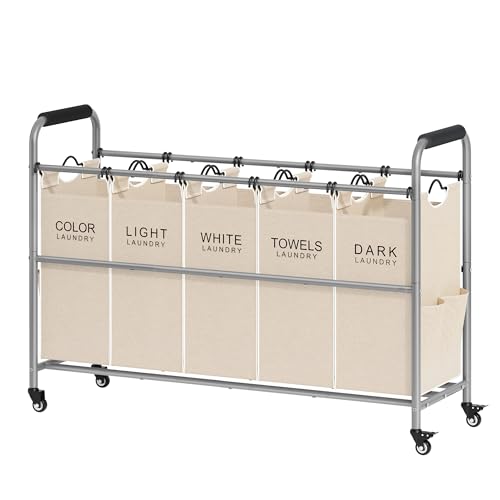 Image of Tajsoon Laundry Sorter 5 Sections, Laundry Hamper with Heavy Duty Lockable Wheels and Removable Bags, 5 Bag Rolling Laundry Sorter Cart for Dirty Clothes Storage, Laundry Separator Hamper, Beige