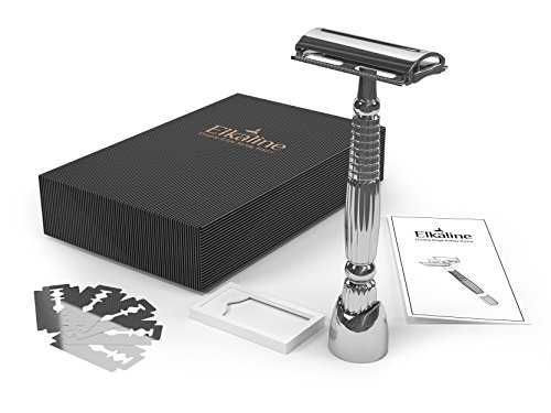 Elkaline Premium Safety Razor for Men & Women - Double-edged Razor with a Long Handle (4.5 Inches) for a Close Shave without Cuts or Razor Burns - Includes Razor Stand & 5 Premium Safety Razor Blades