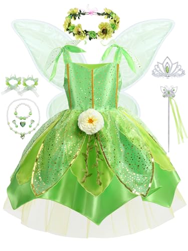 JingDan Flowers Fairy Costume Princess Dress Up Set for Girls Tinker Bell Toddler Clothes Halloween Cosplay Costume with Wing, Green (5-6T)