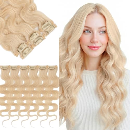 SEGOHAIR Clip in Real Human Hair Extension 12 Inch 33g 6 Pcs 6 Clips Invisible Lace Weft, Body Wave #60R Platinum Blonde