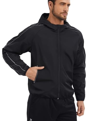 Men Rain Jackets Long Sleeves Zipper Raincoat Lightweight Waterproof with Hood Slim Fit Rain Coat for Outdoor Sports