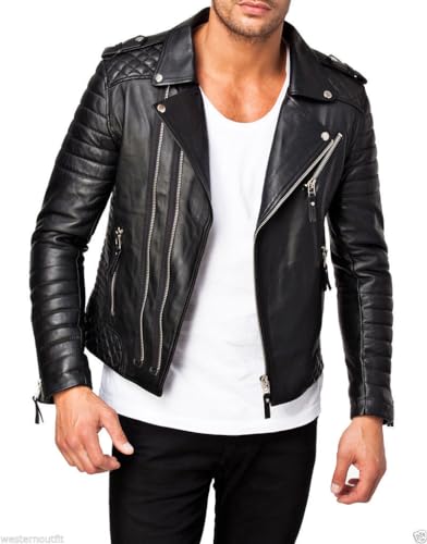 Image of DECIMAL Men's Black REAL Lambskin Leather Biker Jacket VINTAGE GENUINE MOTORCYCLE JACKETS FOR MEN