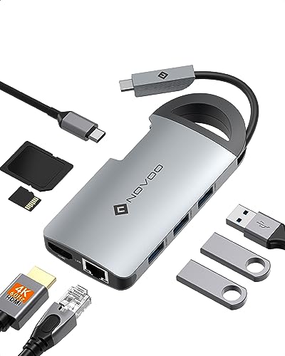 Image of NOVOO 8 in 1 Pocket Friendly 3 USB 3.0 Ports, SD /TF Card Reader, 1000M Ethernet USB C Power Delivery PD 60W HDMI 4K Adapter (Space Grey, NVHUBCXGY8PLX-US)