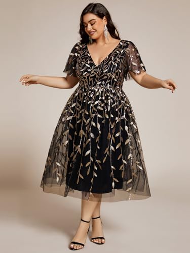 Image of Ever-Pretty Womens Embroidered Tulle Plus Size Cocktail Evening Party Dress A-Line Midi Wedding Guest Dresses for Curvy Women