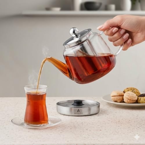 Image of Borosilicate Glass Teapot Set | Heat-Resistant Turkish Tea Maker with Stainless Steel Infuser and Metal Base | 2.5 lt Total Capacity, Drip-Free Spouts, Clear Glass Samovar Style (BRILLANT TEAPOT)