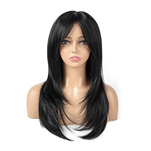 Black Wigs for Women 22 Inch Natural Layered Wig with Bangs Synthetic Hair Wig Heat Resistant Straight Wigs for Daily Party(22Inch/1B) - Image 6