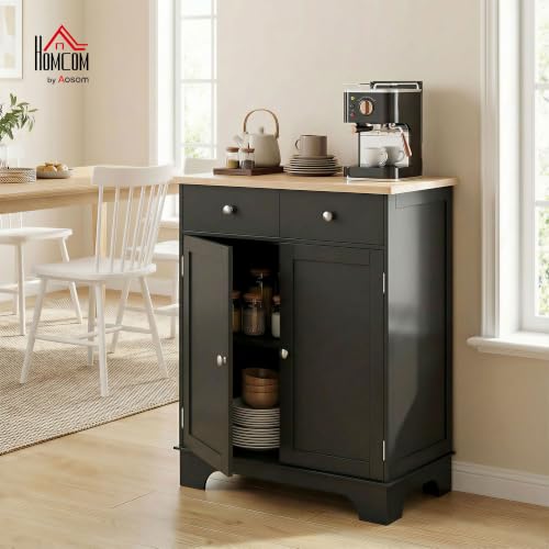 Image of HOMCOM Sideboard Buffet Cabinet Solid Wood Countertop Black