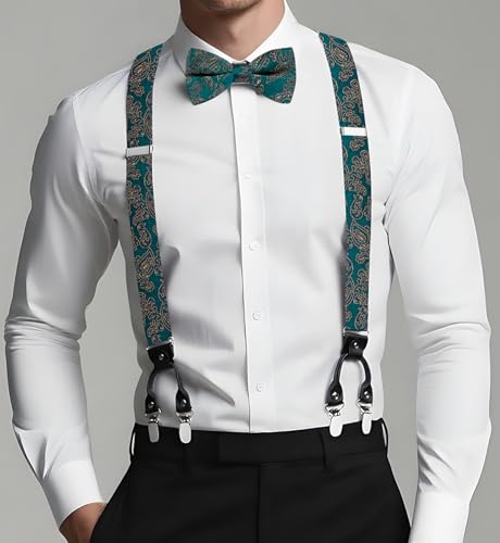 Image of Dubulle Suspender and Bow Tie for Men Paisley Solid Mens Suit Braces Pretied Bowtie and Handkerchief Cufflinks Formal Wedding