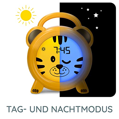 Alecto BC100TIGER - Pädagogischer Wecker Kinder - Schlaftrainer & Nachtlicht Kinder - Lernen von Schlafen und Aufwachen mit LED Kinderwecker - Gelb