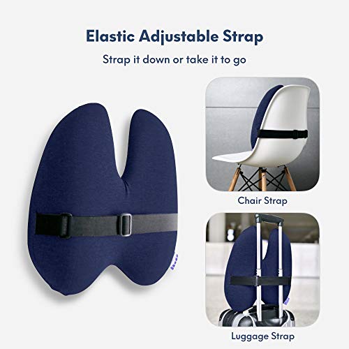 Cushion Lab Extra Dense Lumbar Pillow - Patented Ergonomic Multi-Region Firm Back Support for Lower Back Pain Relief - Lumbar Support Cushion w/Strap for Office Chair, Car, Sofa, Plane - Navy