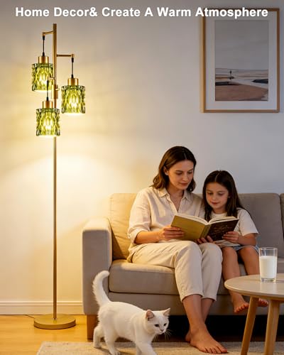 Image of Lightdot 67 inch 3-Light Glass Floor Lamp for Living Room, Dimmable with Green Glass Shade & E12 Bulbs Included, Mid Century Standing Tall Lamp with 5Lbs Heavy Base for Bedroom /Sofa Beside /Corner - Gold