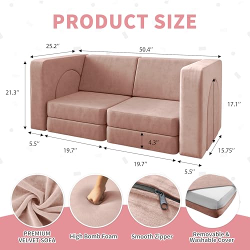 wanan Kids Couch 10PCS, Modular Kids Play Couch for Playroom Bedroom, 10 in 1 Multifunctional Kid Sofa for Playing, Creativing, Sleeping, Indoor Toddler Couches for Boys and Girls(Pink)